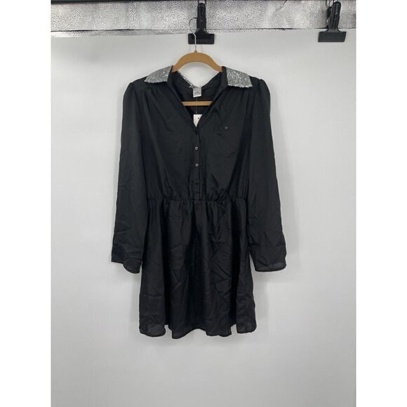 Pinky Juniors Dress Large Black Collared Sequins Short Casual Roll Tab Dressy - Picture 3 of 15